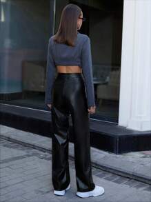 RueChic PU 皮革喇叭褲 - 黑色 - 查看 2