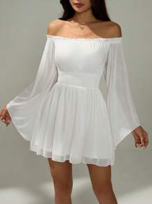 SHEIN PETITE 女士度假纯色露肩喇叭袖收腰迷你连衣裙 - 白色 - 查看 4