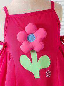 Baby Girl Cute Flower Pattern 3D Decorative Sleeveless Dress, Girl Custom 3D Cut Design Dress, Suitable For Summer Garden, Casual Outdoor - Hot Pink - View 6