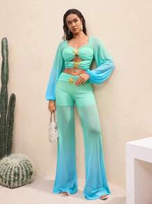 BY FELIZIA Women's Blue Green Gradient Printed Mesh Pleated Wide Belt Starfish Flared Leg Pants Beach Holiday Women Summer Clothes Casual - Multicolor - View 3