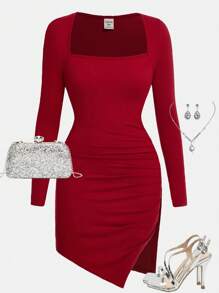 SHEIN Girlism 少女红色紧身针织褶皱腰不对称下摆优雅复古优雅长袖连衣裙，适合圣诞节、派对、生日、女孩少女服装 - 酒紅色 - 查看 3