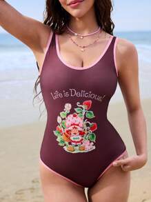 Strawberry Shortcake X SHEIN 女式卡通休闲可爱棕粉色撞色边饰字母图案连体泳衣