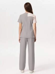 TaskEZ Contrast Color Block Short Sleeve Pants Scrub Uniform Set,Women Tops Summer Work Clothes Women Set Scrub Sets For Women Professional Clothes Women Sets Casual Sets For Women - Light Grey - View 2