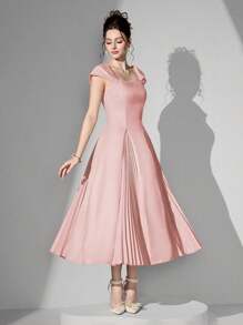 Poshira 女士纯色方领插肩袖褶饰优雅晚礼服（华丽装饰）、派对礼服、舞会礼服 - 粉色 - 查看 5