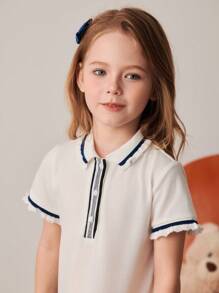 PrepCrw Young Girls Colorblock Ribbon Decor Polo Collar Pleated Hem Dress, College Style For Spring/Summer - White - View 3