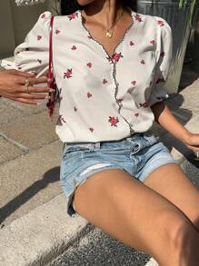 SHEIN Frenchy Women's Summer Vintage Off-White Floral Print Elegant Shirt,Tea Party Vacation Wave Trim Embroidery Bubble Sleeve Faux Pearl Button Loose Fit Tops - White - View 4