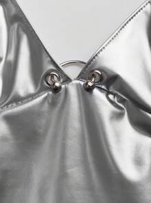 EgrlEra 女士性感 PU 皮革吊带背心上衣，带金属扣和露背领口 Y2K 圣诞节派对礼服 - 銀色 - 查看 3