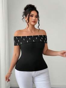 Elenzga Women's Solid Color Elegant Open Shoulder Beaded Bodycon Top - Black - View 5