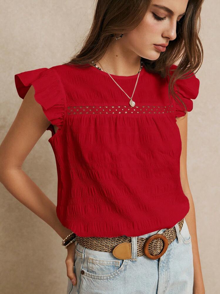 Poéselle 夏季度假婚礼季，精美的荷叶边纯色衬衫，夏季，可爱的上衣，优雅浪漫，波西米亚风，休闲风格，必备，夏季，婚礼季 - 紅色 - 查看 7