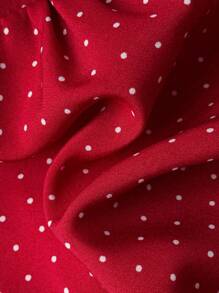 Elamini Áo cánh nữ cổ vuông tay bồng ngắn in họa tiết chấm bi viền bèo nhún - Đỏ - Xem 4