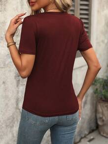 EMERY ROSE Summer Casual Solid Color V-Neck Short Sleeve T-Shirt - Burgundy - View 2