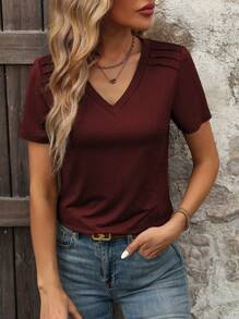 EMERY ROSE Summer Casual Solid Color V-Neck Short Sleeve T-Shirt - Burgundy - View 3