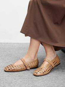 CUCCOO BIZCHIC Women Shoes New French Fashion PU Leather Mesh Buckle One Word With Square Toe Flat Sole Shoes, Apricot Versatile Elegant Breathable Lightweight One Pedal Comfortable High-End Sandals - Brown - View 7