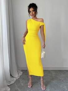 Rafferiza Vestito lungo elegante da donna Rafferiza, da indossare per matrimoni, feste, compleanni, vacanze, San Valentino, in tessuto lavorato a maglia ad alta elasticità, modello slim fit, sexy e carino, con spalla obliqua, plissettatura e spacco, colore giallo brillante