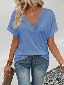 EMERY ROSE Summer Casual Solid Color Batwing Sleeve T-Shirt - Blue - View 3