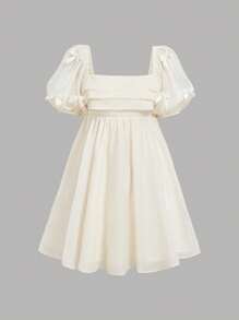 SHEIN MOD Women's Cream-Colored Mini Square Neck Bow Decor Puff Sleeve Dress,Summer Outfits,Babydoll Women Dress,Butterfly Dress - Apricot - View 1