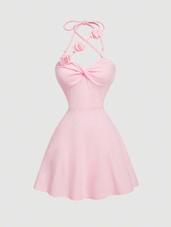 SHEIN MOD Rochie de damă, cu cravată florală, cu nod răsucit în talie, cu volan, culoare roz