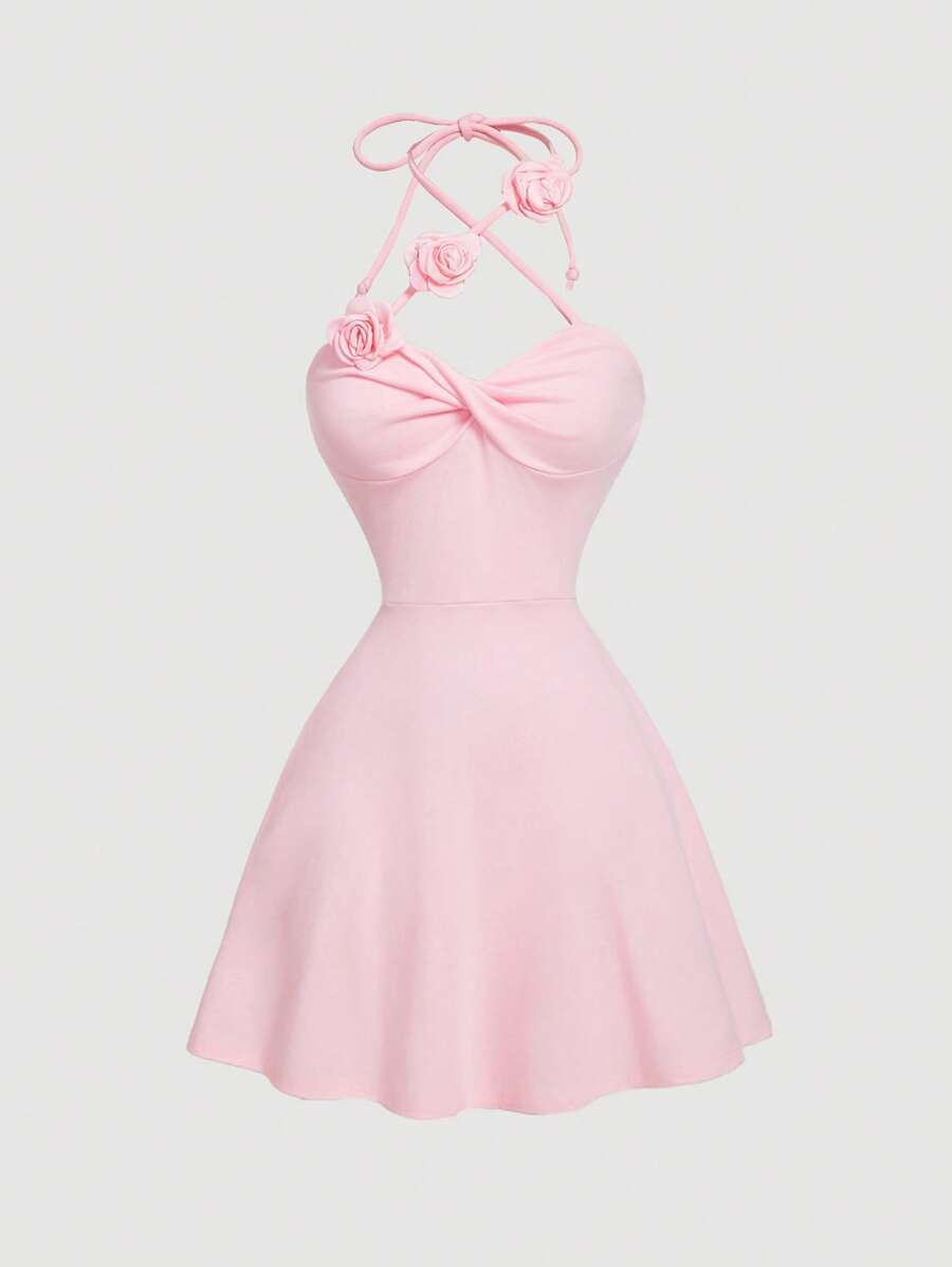 SHEIN MOD Váy chữ A thắt nút thắt hoa cho nữ, màu hồng - Màu Hồng baby - Xem 1