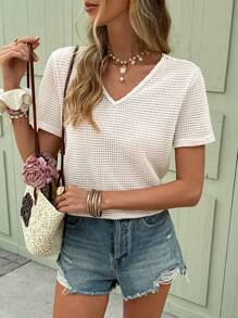 SHEIN Frenchy 女士 T 恤，宽松纯色纹理面料，露背蕾丝，后背纽扣 T 恤，女士夏季服装，适合日常穿着