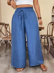 SHEIN PETITE Quần dài thường ngày cỡ lớn có cạp chun và nơ - Màu xanh lam - Xem 7