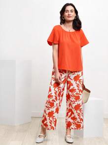 Miaspire Solid Blouse & Slant Pocket Plants Print Trousers - Multicolor - View 3