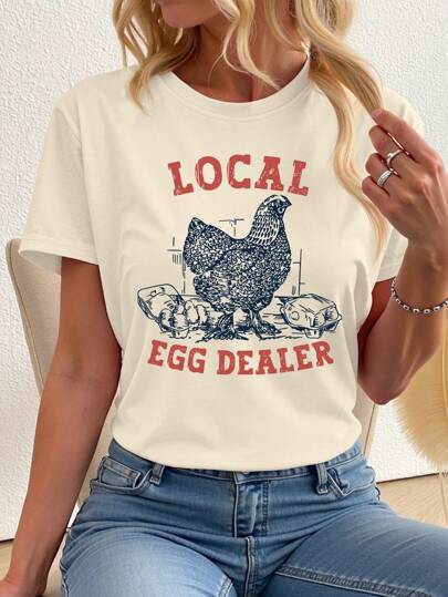 INAWLY Women Summer Chicken English Print Fitted T-Shirt