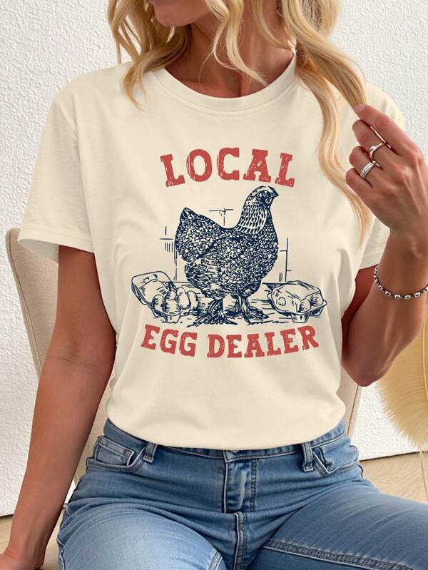 INAWLY Women Summer Chicken English Print Fitted T-Shirt