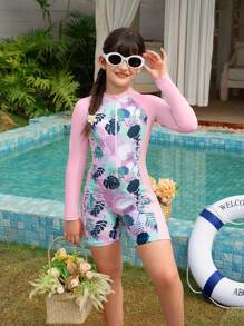 Traje de baño de una pieza con cremallera y manga larga, protección solar, estilo de vacaciones para niñas jóvenes