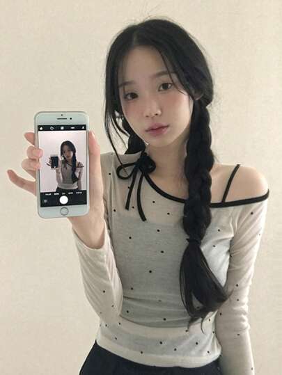 DAZY 撞色不对称领口露肩不对称设计紧身波尔卡圆点女式T恤，秋季衣服长袖女式上衣