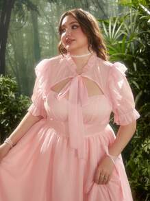 Lyrianda Plus Size Elegant Summer New Arrival French Style Pink Sweet Elegant Embossed Glossy 2 In 1 Collar Bowknot Puff Sleeve Dress, Big Swing Mini Party Dress