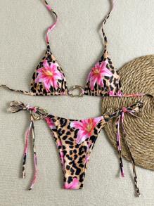 SHEIN New Summer Leopard & Lily Print Random Neck Triangle Cup Swimwear With Drawstring Sides, Beach Vacation Bikini Set - Multicolor - View 1