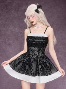 ROMWE Goth Cute & Sexy Flocked Trimmed Plunging Neckline Princess Short Dress With Puff Sleeves, Black & White - Black - View 7