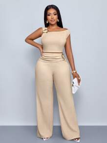 SOLERSUN Women Plus Size Outfits Spring/Summer Casual Daily Wear Solid Color Asymmetrical Neck Top & Flare Leg Pants Two Pieces