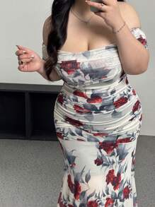 Vibekara Plus Size Women's Off Shoulder Printed Fish Hem Dress - Beige - View 5