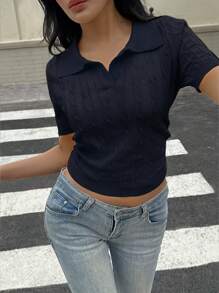 Flirla Women Twist Rope Polo Collar Short Sleeve Casual Knit Top