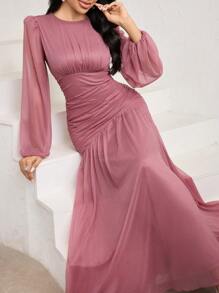 Veilorie Đầm bodycon nhún bèo tay đèn lồng màu hồng sen, vải chiffon - Bụi hồng - Xem 1