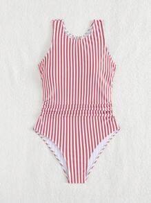 Swim SPRTY 全新夏季条纹圆领无袖露背运动女式连体泳衣