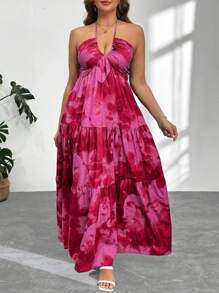 Firerie Plus Size Women Tie-Dye Print Ruffle Hem Halter Neck Dress, Vacation Style Spring To Summer - Hot Pink - View 4