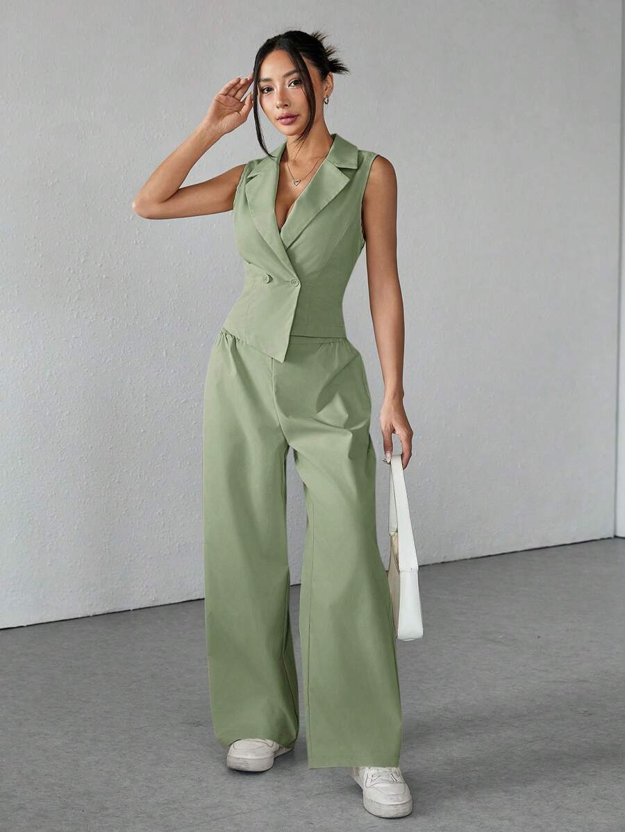 SHEIN PETITE Two Pieces Fall Outfits 2pcs/Set Women Solid Color Sleeveless Top And Pants Fall Clothes - Green - View 1