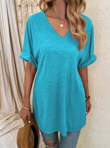 SHEIN LUNE Casual Solid Color Batwing Sleeve Side Slit T-Shirt, Spring/Summer - Blue - View 6