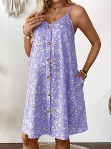 SHEIN 波西米亚孕妇度假碎花纽扣设计吊带背心连衣裙 - 淡紫色 - 查看 3