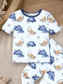 SHEIN 贴身男婴休闲简约圆领舒适短袖和长裤家居服，适合春夏季 - 彩色 - 查看 4