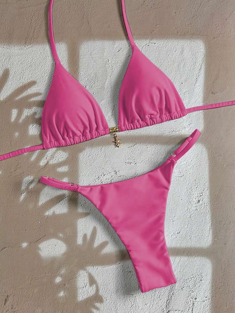 Swim Chiccia 女士夏季纯色金属吊坠泳衣套装带吊带性感丁字裤比基尼 - 玫紅色 - 查看 3