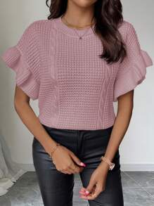 Chiquease Women's Loose Knitted Cable Cable Round Neck Ruffled Sleeve Cardigan Vest - Dusty Pink - View 4