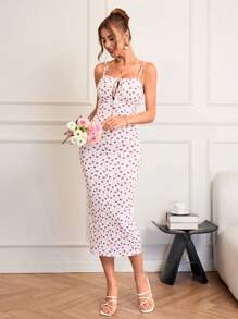 SHEIN VCAY Vestido de verano para vacaciones y citas, vestido con diseño delantero de encaje tejido fino, con estampado rojo y blanco de flores pequeñas, vestido de playa para vacaciones de verano, vestido para volver al colegio, vestido muy sencillo, vestido de oficina, vestido con aire "old money", vestido de profesora, vestido de cita, vestido para ir a bodas y fiestas con amigas en verano, vestido para ir a festivales de música, vestidos de verano para mujeres - Rojo y blanco - Ver 5