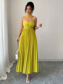 Rafferiza 无肩带褶皱连衣裙，优雅性感礼服配缎带领带，全新夏季风格 - 綠色 - 查看 3