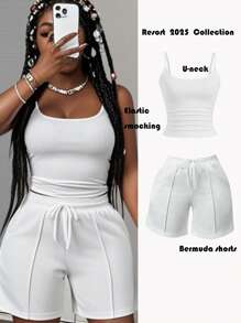 Slaydiva 新款春夏休闲基础运动风U领吊带上衣+短裤带牙条装饰运动裤白色女两件套-A