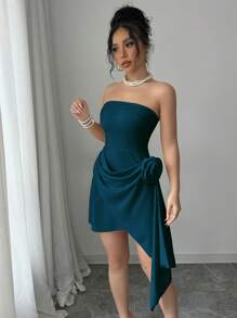 Elenzga Apricot Strapless Ruched A-Line Elegant Romantic Floral Detailed Dress For Women, Valentine's Day - Teal Blue - View 4