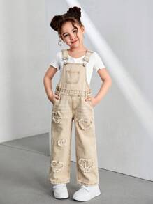 SHEIN 年轻女孩宽松心形吊带阔腿牛仔连体裤