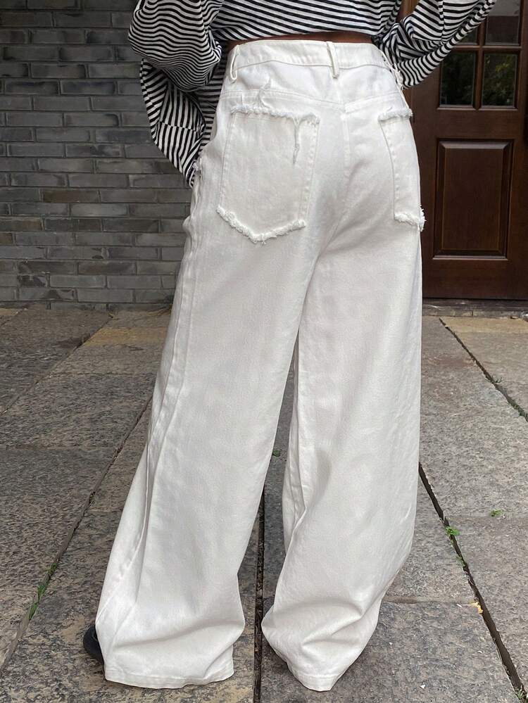 Women's Solid Color Loose Wide Leg Pants With Pockets And Raw Hem, Casual Summer Trousers